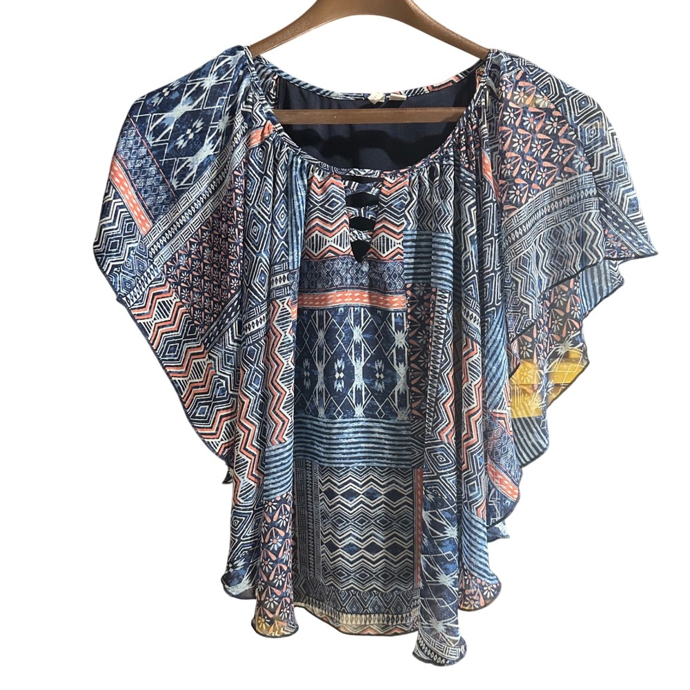 Cato Womens Geometric Print Flutter Sleeve V Neck Tunic Top Size S